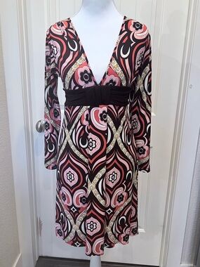 Speechless Retro Mod Y2K V-Neck Long Sleeve Dress Floral Brown Pink Coral Sz 16